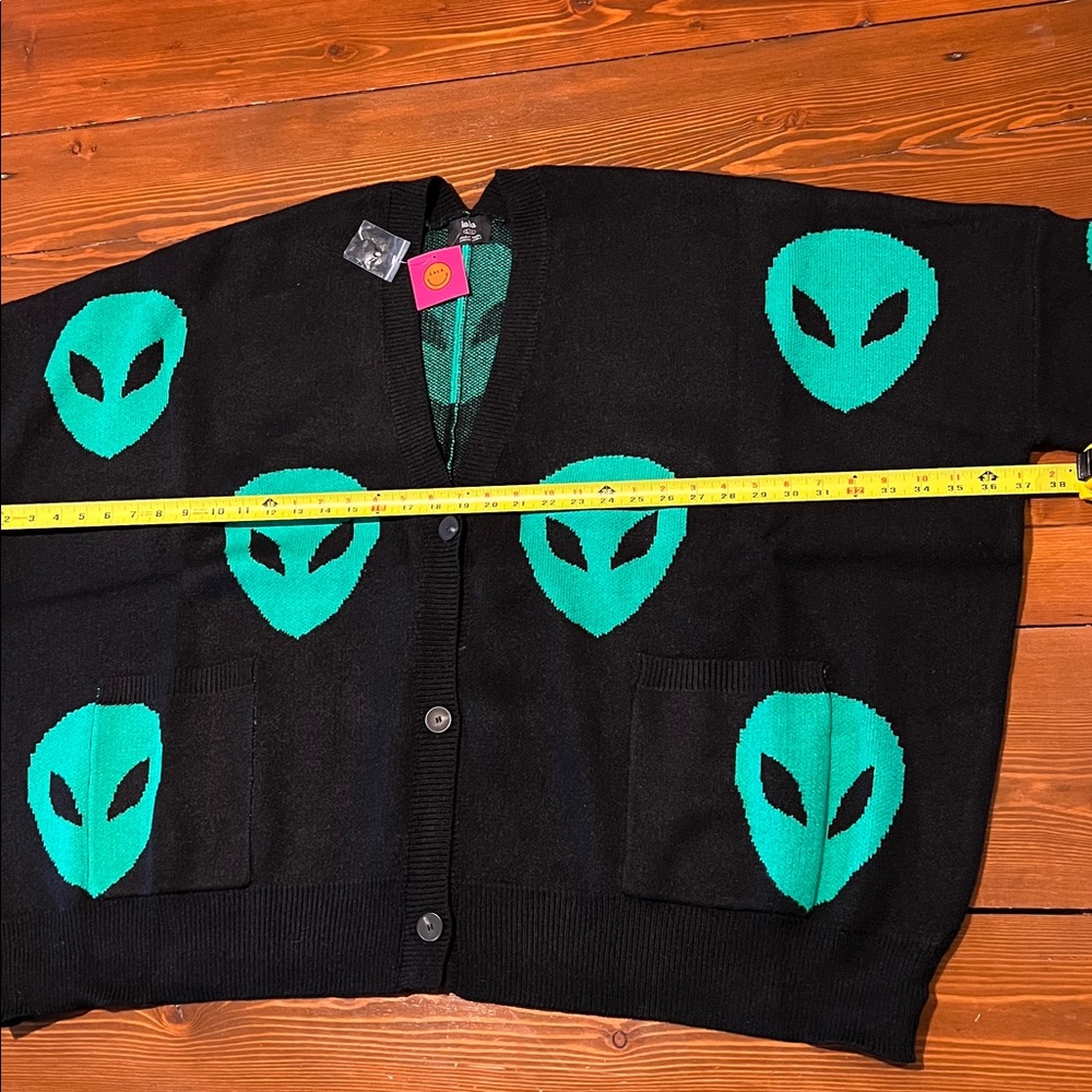 Dressed in LALA Black Cardigan with Neon Green Alien Heads - Picture 9 of 13